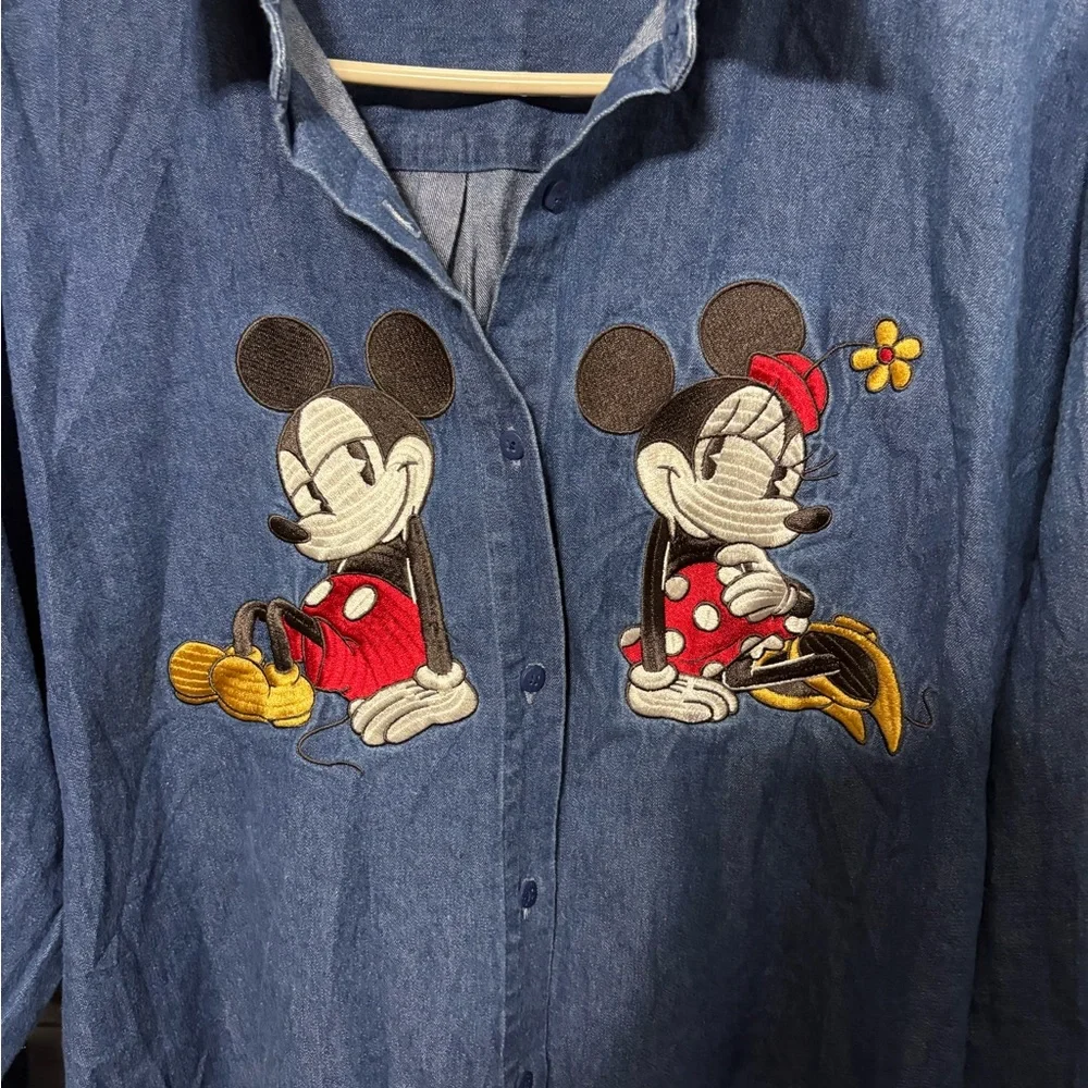 Disney Women's Blue Denim Shirt with Mickey and Minnie Embroidery XXL - Picture 2 of 10